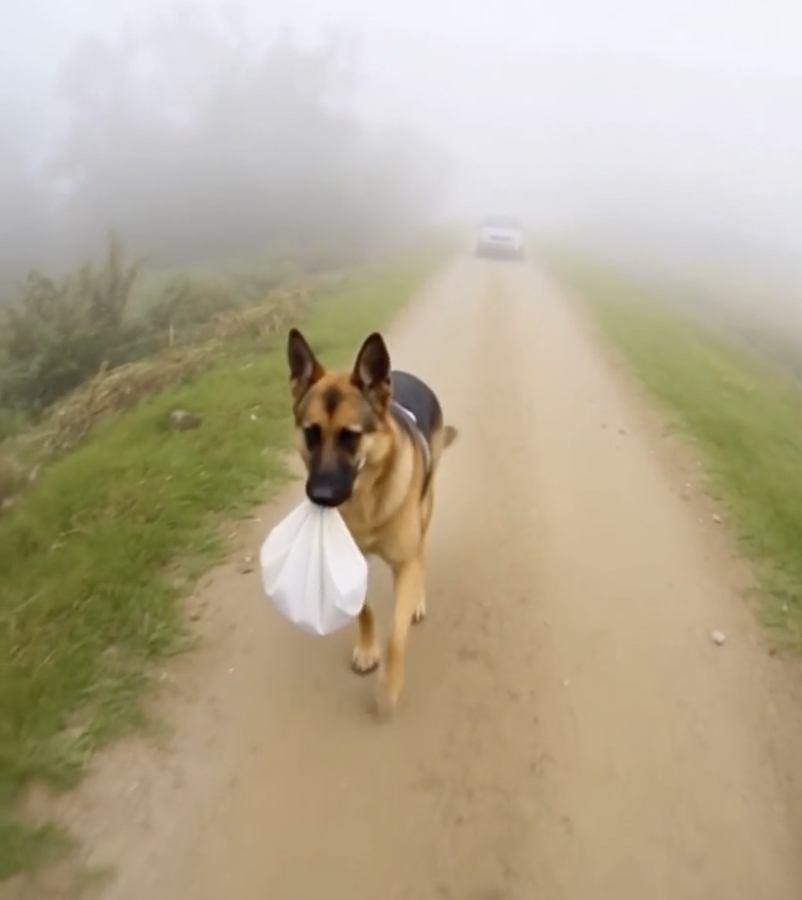 A woman noticed a German Shepherd walking down the street, carrying a white bag in