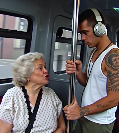 On the bus, an elderly woman was scolding a young man for his tattoos, and ..