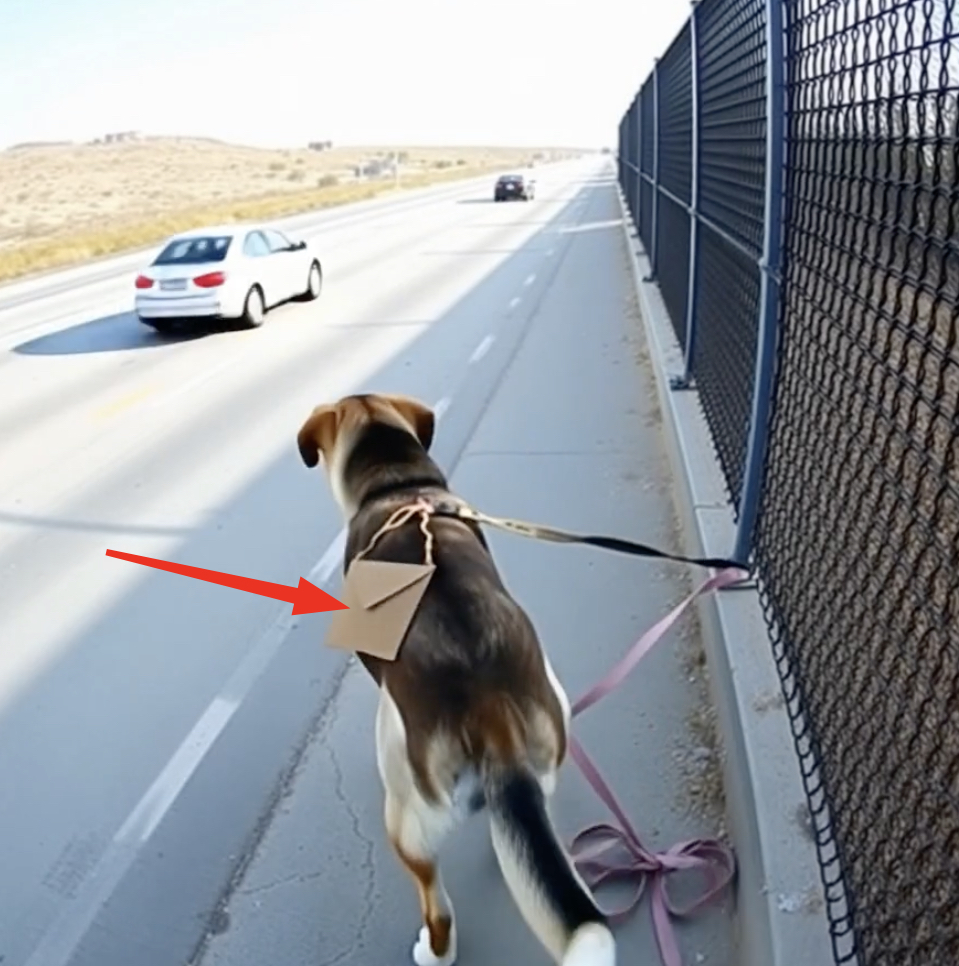On a deserted highway, a dog was tied to a fence, and around its neck-